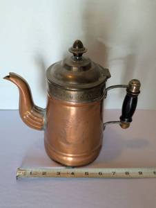 lot 1089 image: Copper Teapot with Decorative Metal Band and Black Handle