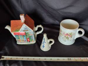 lot 1092 image: Sadler Post Office tea pot, Limoges porcelain hand-painted floral shaving mug, and Pfaltzgraff Yorktown candle snuffer