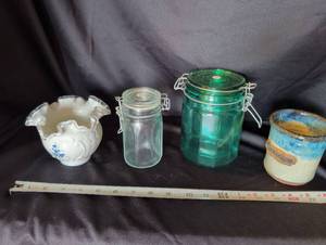 lot 1094 image: Fenton Hand Painted Ruffled Bowl, Glass Bail-Top Jars, Grandpa Pottery Mug