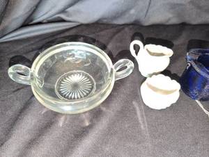 lot 1108 image: Woodbury Pewterers Pitcher plus Glass Sugar Bowl, Blue Glass Hat Ashtray and mini White Ceramic Creamer Set