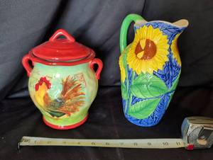 lot 1120 image: Painted Ceramic Pitcher and Covered Dish Set, 2 Pieces