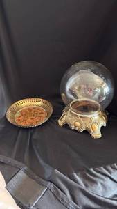 lot 1128 image: Penco brass hand painted dish and vintage bowl base brass base with flower frog