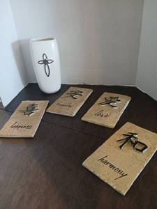 lot 1163 image: Decorative Wall Art Tiles with Asian Characters and English Words Set of 5