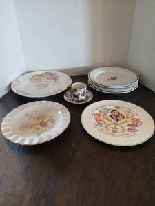 lot 1173 image: Dinnerware Lot 10Pieces Floral and Commemorative Plates Cup Saucer, chips on some