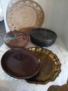 lot 1177 image: Brass serving tray with various baskets