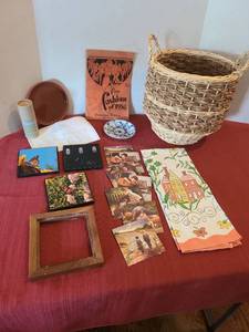 lot 1209 image: Basket, decorative tiles, essential oil, 1936 recipe booklet