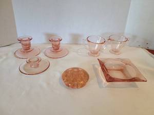 lot 1221 image: Pink depression  glass  candle holders, sugar and creamer, ashtray, and frog