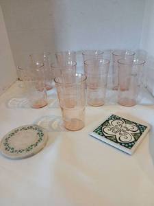 lot 1242 image: Pink depression glass Tumbler Set 9 Piece with coasters