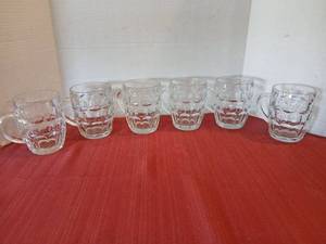 lot 1247 image: Set of 6 Glass Beer Mugs with Handle and Textured Base