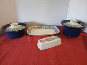 lot 1250 image: Turi design Nor Viking blue floral pattern, platter, two covered dishes. And top of butter dish