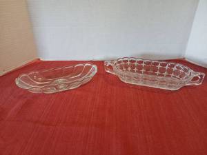 lot 1254 image: Pressed Glass one with Handle Serving Dishes with Basket Weave Pattern