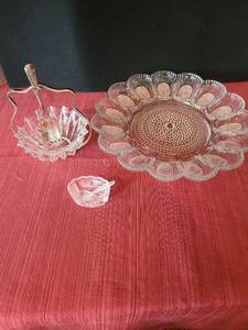 lot 1257 image: Glass Egg bowl, relishjelly dish with metal stand and spoon, salt cellar