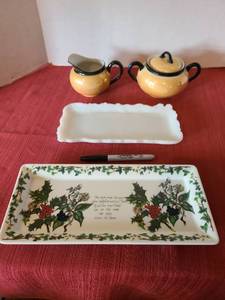 lot 1261 image: Antique Japanese lusterware creamer and pitcher in peach color, milk glass vanity tray and ceramic Christmas serving tray