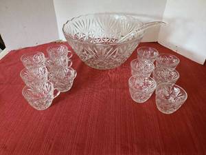 lot 1273 image: Pressed glass punch bowl set with 12 cups and ladle