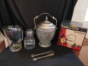 lot 1285 image: Tarleton Ice Bucket in orginal box, with glass night  carafe,  tongs and pitcher