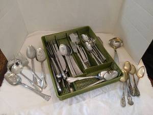 lot 1288 image: Cambridge flatware  Lot Stainless Steel Forks Spoons Knives with Organizer Tray 54 pieces, and and 5 silver spoons