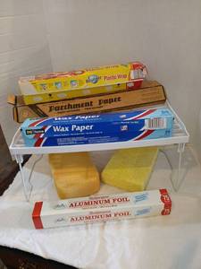 lot 1297 image: Kitchen Wrap and Food Storage Lot - Plastic Wrap, Wax Paper, Parchment Paper, Aluminum Foil, Sponges