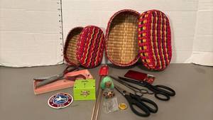 lot 1503 image: Lot of Woven Baskets with Scissors, Collectibles and Accessories