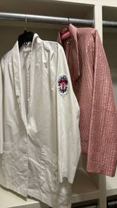 lot 1608 image: Womens Clothing Lot White Lab Coat with Medical Emblem and Pink Textured Blazer