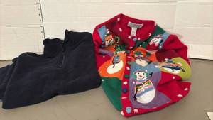 lot 1629 image: Christmas sweater - size small and a navy blue top
