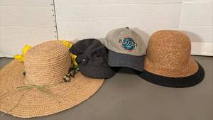 lot 1637 image: Lot of 4 Hats Baseball Cap, Bucket Hat,  Straw and denim