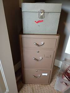 lot 1702 image: Metal Filing Box and Cabinet.  Box is 10 x 13 x 9.  Cabinet is 29 x 15 x 13
