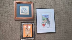 lot 1729 image: Framed Wall Art Lot of 4 Pieces Bunny Cat Dog Drawing 14X11 and smaller
