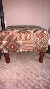 lot 1730 image: Upholstered Ottoman Stool with Geometric Pattern and Wood Legs 14X18X18