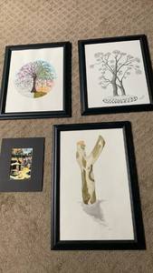 lot 1734 image: Framed Tree Artwork Drawings Watercolor Print 19X13 and smaller