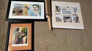 lot 1737 image: Framed Art Prints Dustin Parker The Sight of Sound 1925 and colorful lady figure with banjo signed Le Kinff and collage mat with wood frame 22X14 and smaller