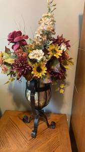 lot 1748 image: Floral Arrangement in Metal Pedestal Vase with Stand 32 inches tall
