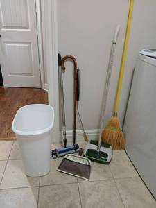 lot 1821 image: Cleaning Supplies Lot Broom Dustpan Carpet Sweeper Trash Can Walking Cane