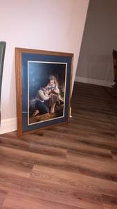 lot 2000 image: Framed Print Portrait Young Girl Reading Blue Mat White Border 27X33