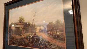 lot 2001 image: Framed Landscape Print Rural Scene with Building and Figures 27X37 located in basement