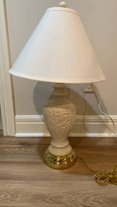 lot 2007 image: Ceramic Table Lamp with Cream Shade and Brass Base 29 inches tall located in basement