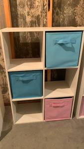 lot 2102 image: 6-Cube Storage Organizer Shelf with 3 Fabric Drawers 36 x 24 x 12 located in basement