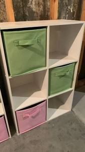 lot 2103 image: White 6-Cube Storage Organizer with Fabric Bins 36 x 24 x 12 located in basement