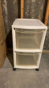 lot 2105 image: White Mobile Storage Cart 2-Drawer with Top Shelf 27X15X17 located in basement