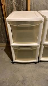 lot 2106 image: Two-Drawer Storage Organizer Cart with Wheels 27 x 15 x 17 located in basement