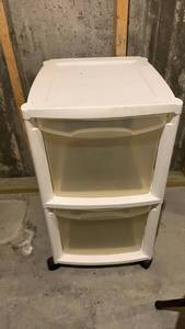 lot 2107 image: White Two-Drawer Storage Cart on Casters 27 x 15 x 17 located in basement