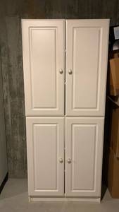 lot 2113 image: White 4-Door Cabinet with Shelves and Drawers 71 x 30 x 15 located in basement