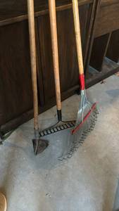 lot 3003 image: Two rakes and a hoe