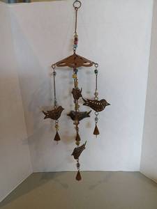 lot 3111 image: Bird  Wind Chime with Beaded Chains and Bells 25x9 in