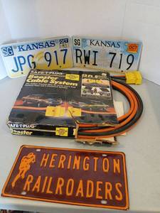 lot 3114 image: Kansas License Plates, Booster Cables, Herington Railroaders Sign