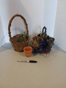 lot 3118 image: Woven Basket Planters with Faux Florals 12x7in , 7x7 in,  and Ceramic Pot 2.5x 2.5