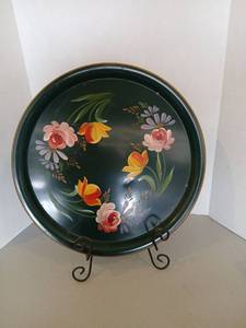 lot 3123 image: Decorative Plate with Hand-Painted Floral Design Dark Green Background 16x16 in. 12, 14, 21 in high easels