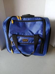 lot 3125 image: Lucas Blue Soft-Sided Carry Bag with Black Handles and Yellow Zippers 17x17, maroon chaps carry on  17x14