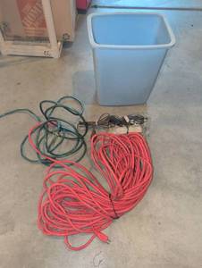 lot 3209 image: Extension Cord Set with plastic trash can 13x18hx9w