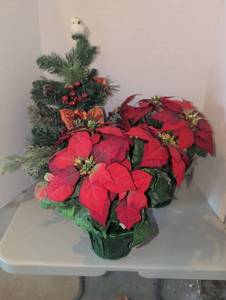 lot 3226 image: Artificial Poinsettia Plant with Cardinal Topper and Decorative Accents. Tree is 24In tall