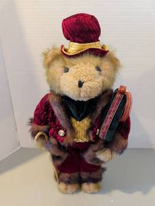lot 3230 image: Teddy Bear Doll in Burgundy Velvet Formal Outfit with Hat 8x21